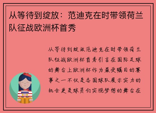 从等待到绽放：范迪克在时带领荷兰队征战欧洲杯首秀