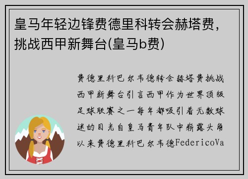 皇马年轻边锋费德里科转会赫塔费，挑战西甲新舞台(皇马b费)